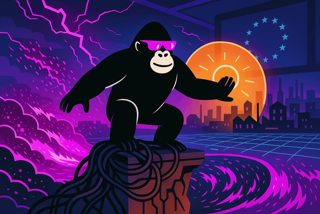 A gorilla in sunglasses blocks a digital storm with a glowing shield in front of the EU flag, symbolizing defense against cyber threats under NIS 2.