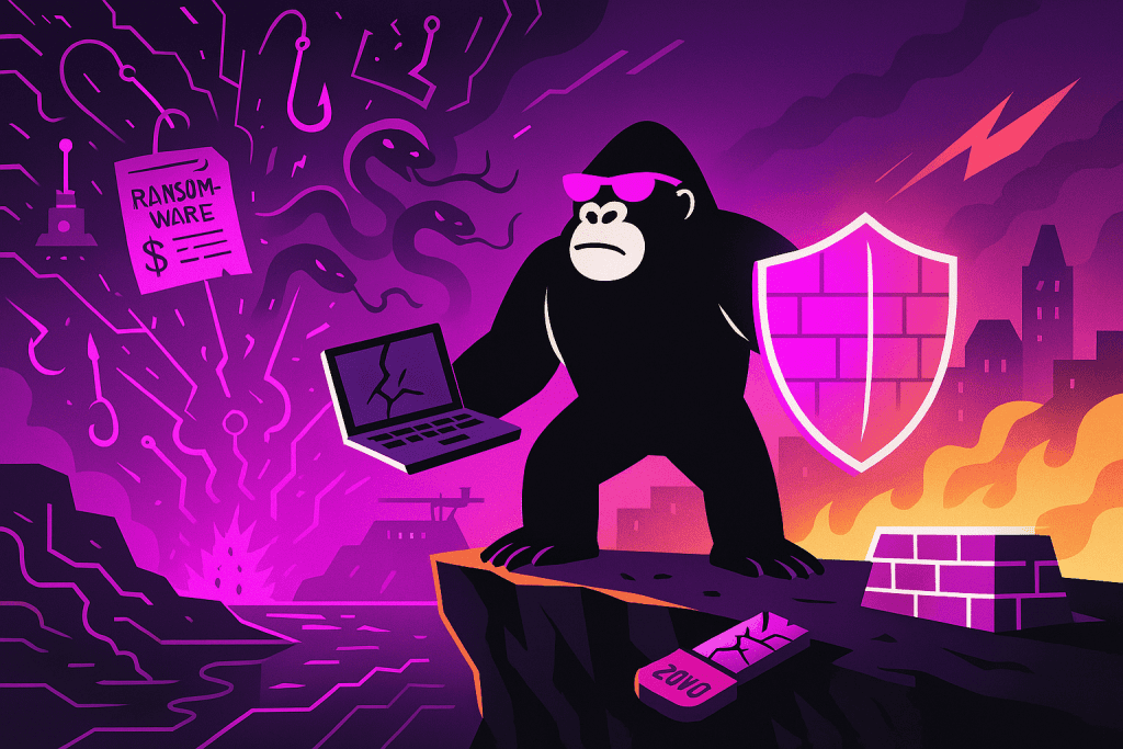 A gorilla with a shield stands guard against ransomware, phishing, and cyber threats, holding a broken laptop as digital chaos erupts behind him.