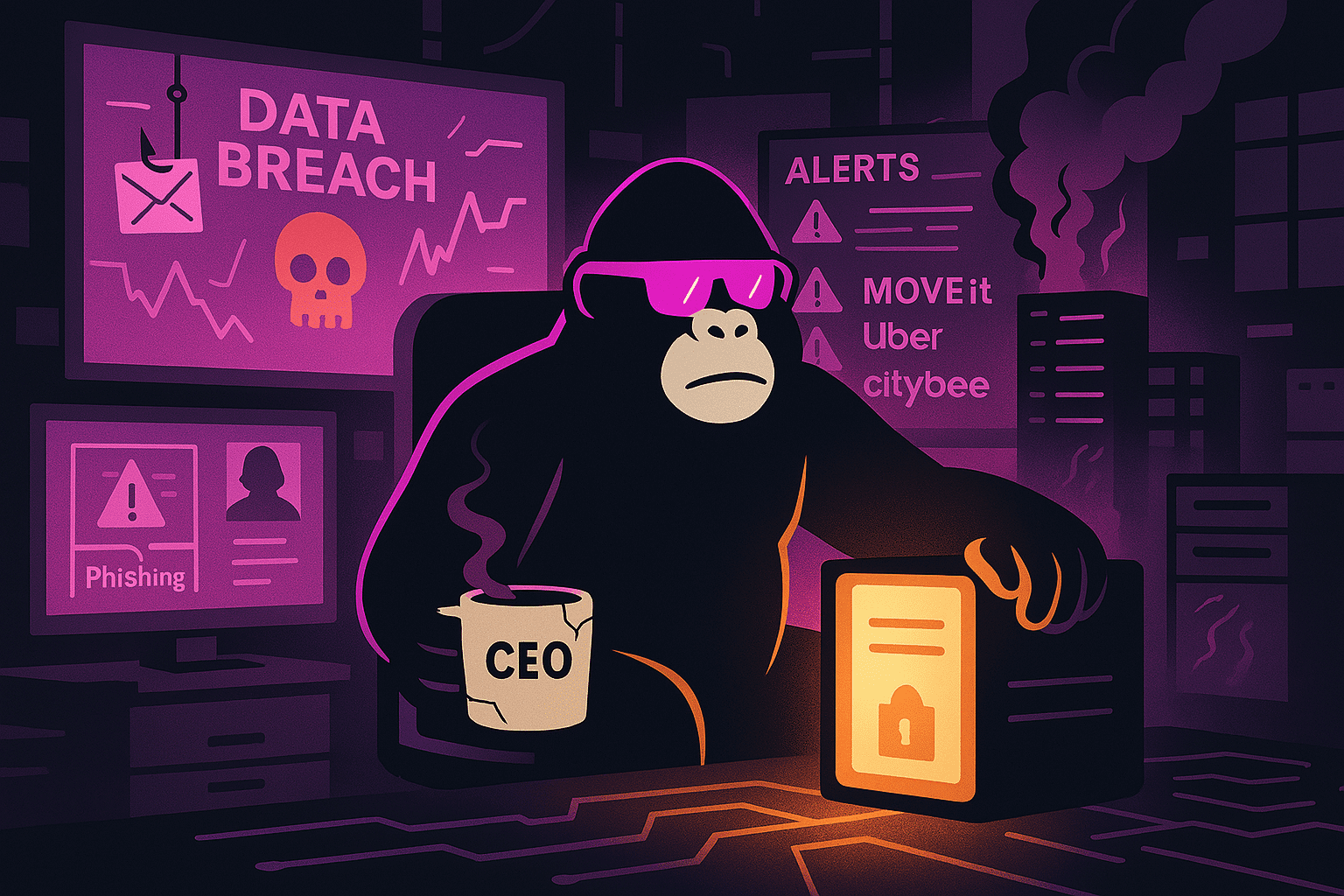 A gorilla CEO drinks coffee amid data breach alerts, surrounded by screens showing phishing, hacked companies, and cybersecurity threats.