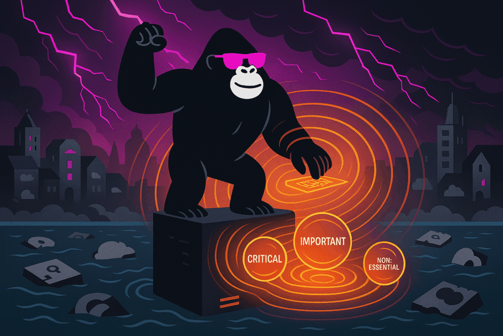 Illustration of a gorilla categorizing data as Critical, Important, and Non-Essential while standing on a server in a flooded, stormy city.