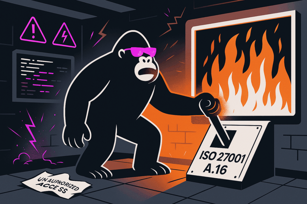 A cartoon gorilla wearing purple sunglasses in a dark control room pulls a lever labeled “ISO 27001 A.16,” triggering orange flames on a nearby monitor. A crumpled paper reading “UNAUTHORIZED ACCESS,” pink warning icons, code on a screen, and stylized purple lightning bolts lie scattered around.