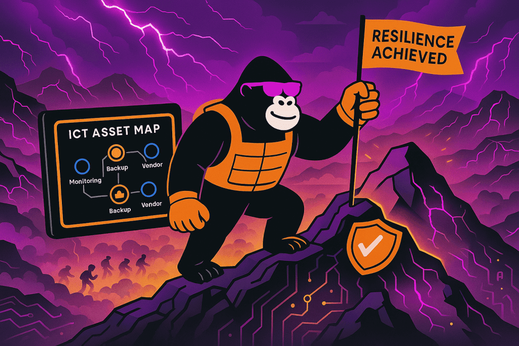 A stylized black gorilla wearing purple sunglasses and an orange vest plants a flag reading “RESILIENCE ACHIEVED” atop a jagged purple peak under stormy skies. Behind it, smaller silhouetted figures climb the slope, and to the left a digital screen shows an ICT asset map with interconnected nodes labeled “Monitoring,” “Backup,” and “Vendor.”