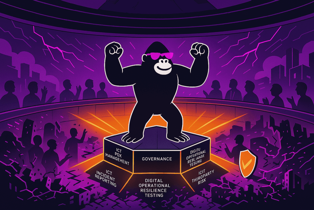A bold black gorilla wearing purple sunglasses stands triumphantly atop a glowing hexagonal pedestal inscribed with “Governance” at its center, surrounded by five orange-bordered panels labeled “ICT Risk Management,” “ICT Incident Reporting,” “Digital Operational Resilience Testing,” “ICT Third-Party Risk,” and “Digital Operational Resilience Testing” (duplicate), all set against a stormy purple arena with silhouetted onlookers and crackling lightning.