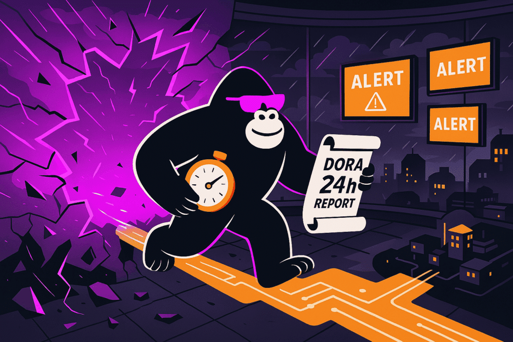 A stylized black gorilla wearing purple shades bursts through a glowing purple wall, strides along an orange circuit-board path, and holds a stopwatch and a scroll reading “DORA 24h REPORT.” Three orange “ALERT” screens and a rainy city skyline appear in the background.