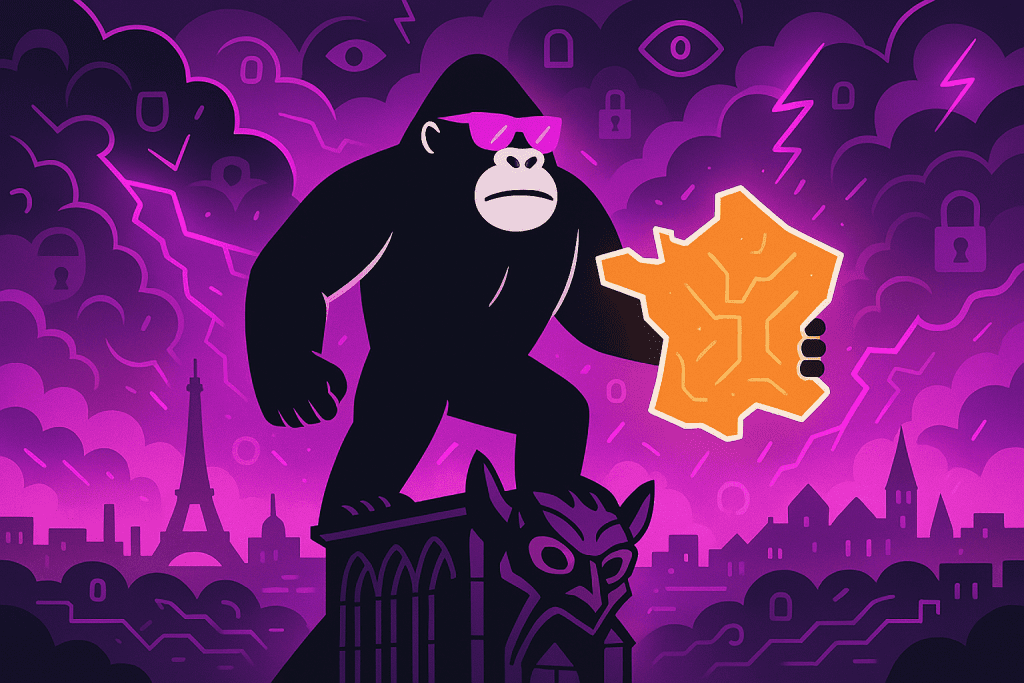 A vigilant gorilla stands atop Notre-Dame, gripping a digital France map amid swirling locks and eyes—symbolizing DORA's grip on cybersecurity and privacy.