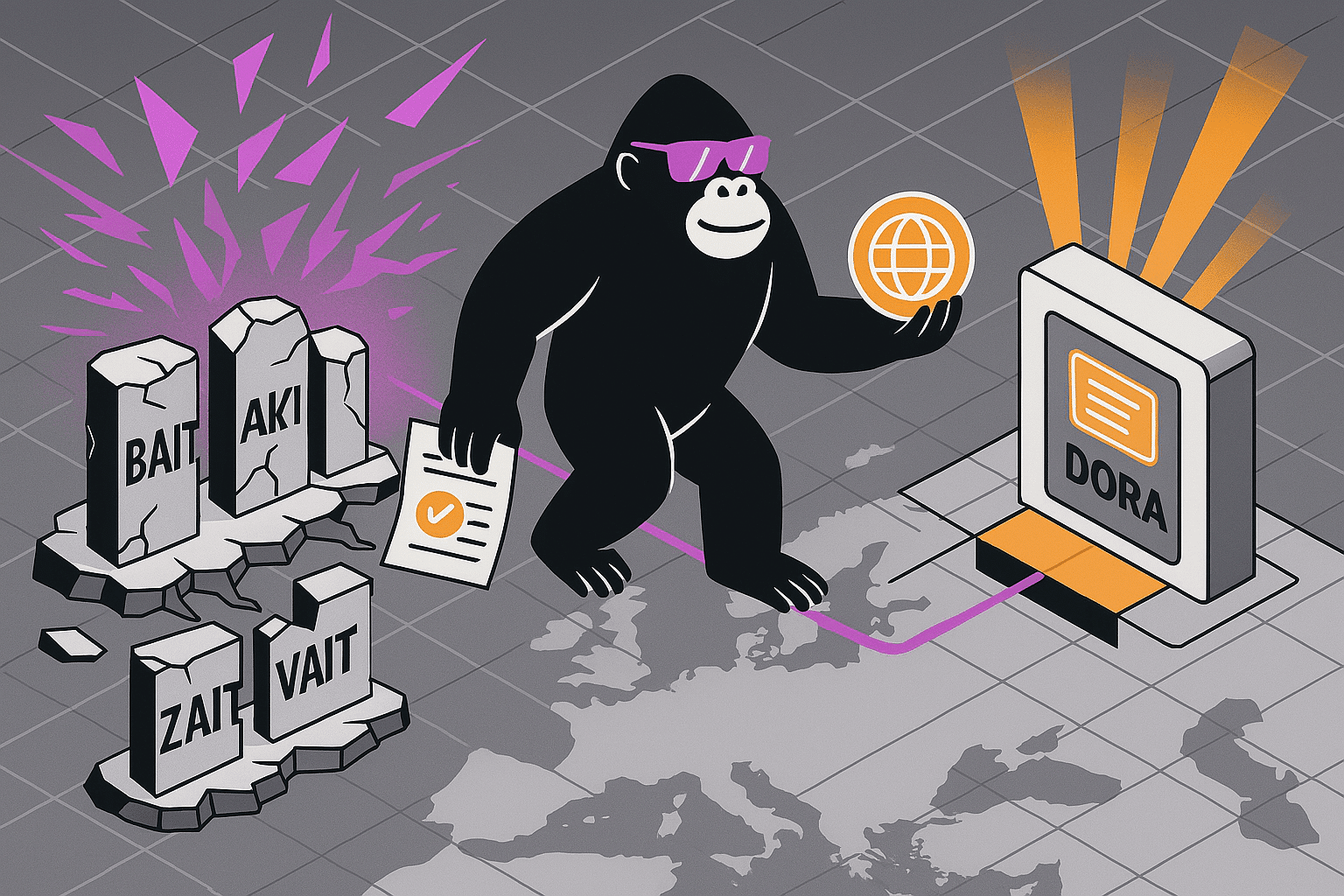A confident gorilla in purple sunglasses walks across a map of Europe, holding a globe icon in one hand and a compliance checklist in the other. Behind it, broken stone tablets labeled “BAIT,” “AKI,” “ZAIT,” and “VAIT” crumble with magenta digital energy. The gorilla approaches a glowing, futuristic terminal labeled “DORA,” radiating orange light, symbolizing the new EU Digital Operational Resilience Act replacing older regulations. A magenta data cable connects the old regulations to the new DORA system, indicating transition and modernization. The scene suggests regulatory evolution and pan-European digital compliance.