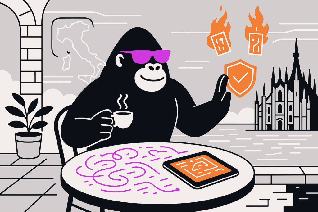 A relaxed gorilla sips coffee in Italy while effortlessly blocking data threats with a shield, symbolizing DORA-aligned cybersecurity compliance and control.