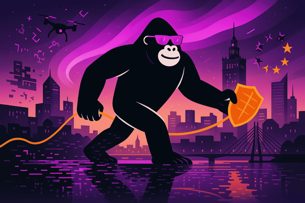 A giant gorilla strides through Warsaw with a shield in hand, tethered to EU stars, symbolizing Poland’s march toward DORA cybersecurity compliance.