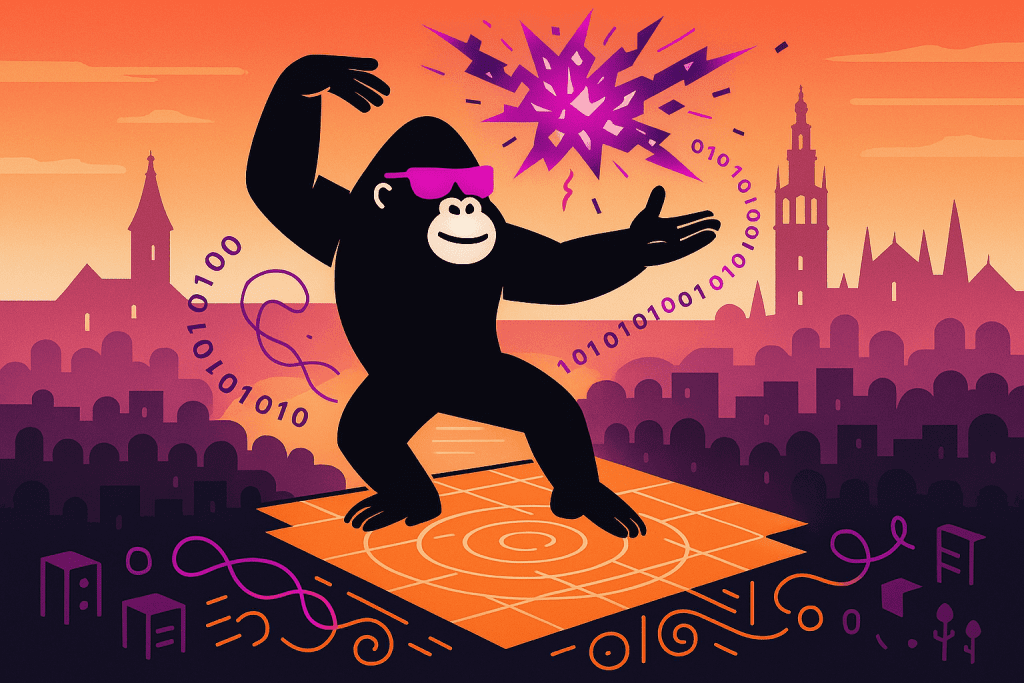 A confident gorilla in Spain commands a burst of digital energy with binary code swirling around, symbolizing control over DORA-aligned cybersecurity challenges.