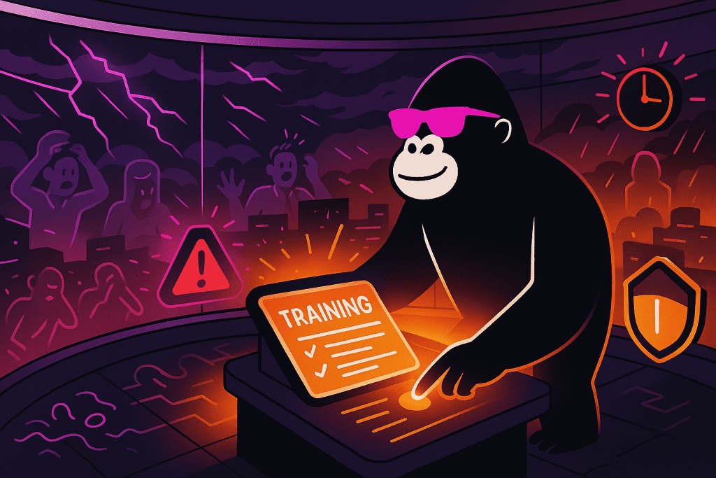 A gorilla activates “TRAINING” on a glowing console as chaos unfolds outside, symbolizing security resilience through DORA training amid cyber crisis.