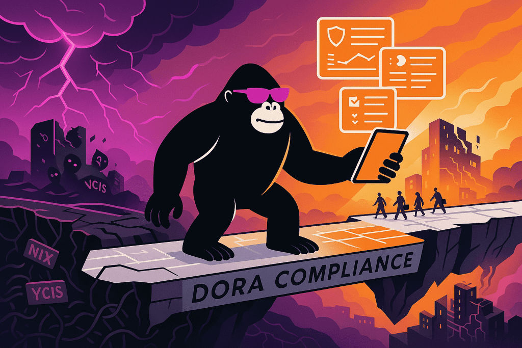 A stylized black gorilla wearing purple sunglasses strides across a floating stone bridge labeled “DORA COMPLIANCE” while holding a tablet displaying checklist and dashboard panels. To its left, a chasm swirls with purple storm clouds, lightning, and broken signs reading “VCIS” and “NIX,” and to its right four silhouetted figures walk toward a bright, sunlit skyline.