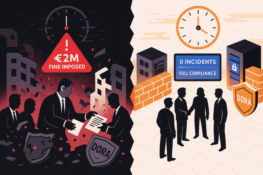 A split-scene illustration: on the left, dark-red tones show silhouetted executives under a clock and a red warning triangle reading “€2 M Fine Imposed,” exchanging papers amid crumbling buildings; on the right, light tones show executives shaking hands under a clock next to a “0 Incidents – Full Compliance” sign, a brick firewall, servers, and a “DORA” shield.