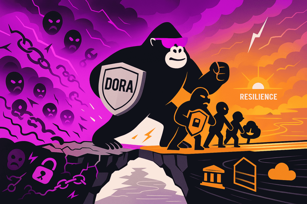 A bold black gorilla wearing purple sunglasses strides across a cracked stone bridge from a dark, stormy abyss of angry faces and broken chains on the left toward a bright orange sunrise labeled “RESILIENCE” on the right. The gorilla carries a shield marked “DORA” and leads three smaller figures—one holding its own shield—toward calm skies and a tree, while storm clouds and lightning swirl behind.