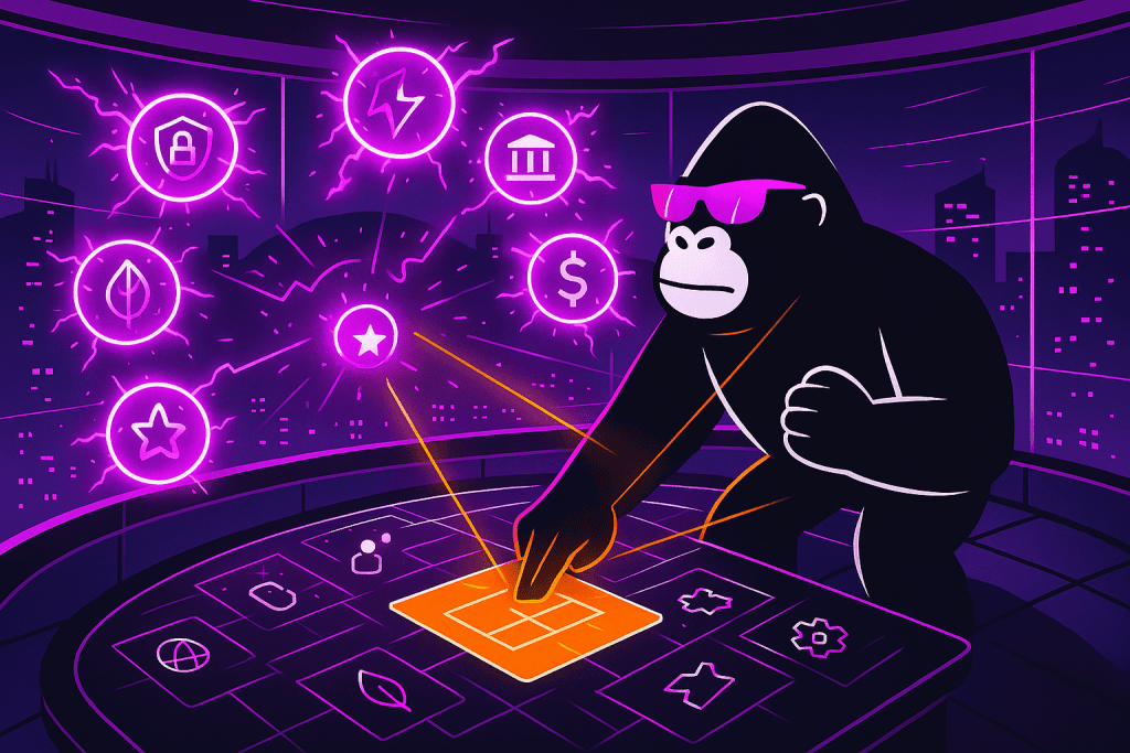 Gorilla controls a glowing risk dashboard as eight icons—cyber, energy, finance, ESG, and more—pulse around him, commanding vendor resilience systems.