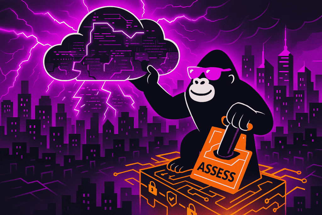 Gorilla activates a glowing “ASSESS” switch while holding a storm-charged cloud, symbolizing decisive action in cloud security risk evaluation.