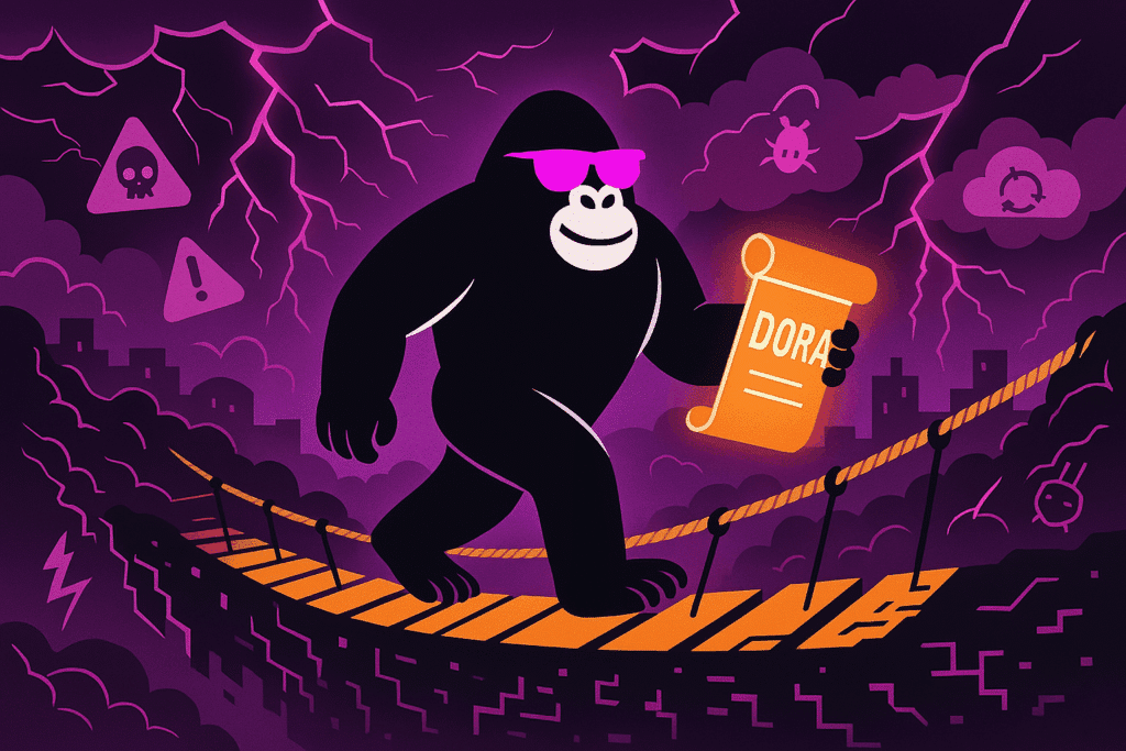 A bold black gorilla wearing purple sunglasses stands atop a partially built stone platform, scaffolding at its side, as it grips and raises a glowing orange pillar. Behind it rise five tall obelisks—each illuminated and bearing icons for system configuration (gears), documentation (scroll), access control (padlock), user management (group), and technical safeguards (microchip)—all set against a dark, stormy purple sky crackling with lightning.
