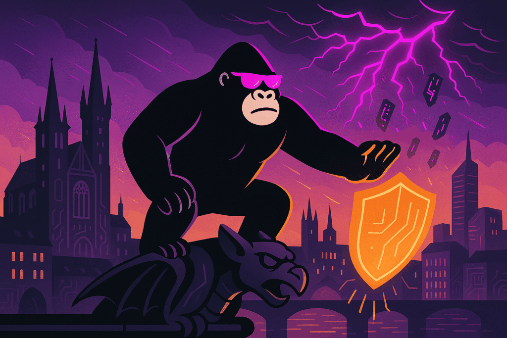 A determined gorilla stands atop a Prague gargoyle, deflecting digital threats with a glowing shield—symbolizing DORA protection in the Czech Republic.