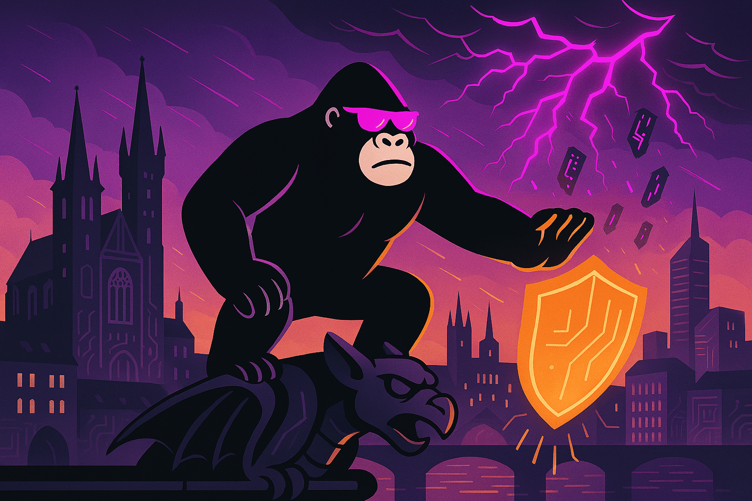 A determined gorilla stands atop a Prague gargoyle, deflecting digital threats with a glowing shield—symbolizing DORA protection in the Czech Republic.