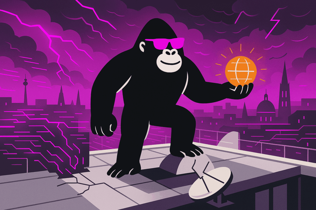 A powerful gorilla stands on a rooftop in Denmark, holding a glowing globe symbol of cyber connectivity, as magenta storms flash over a digital cityscape.