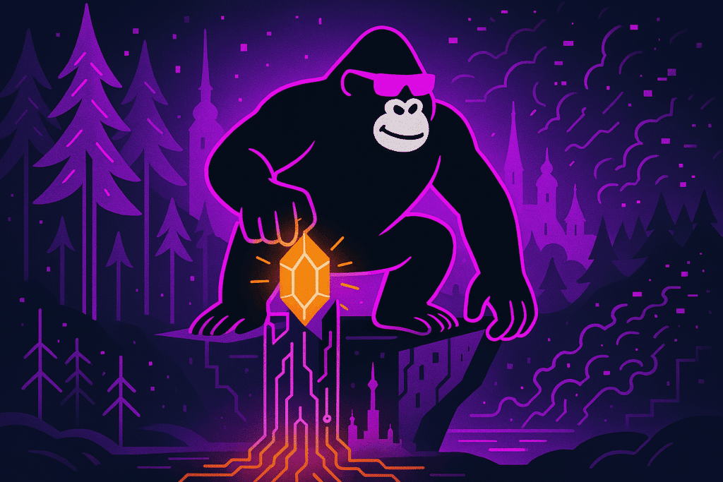 A mighty gorilla plants a glowing gem into Estonia’s digital roots, powering resilience through DORA amid forests and spires under a pulsing sky.
