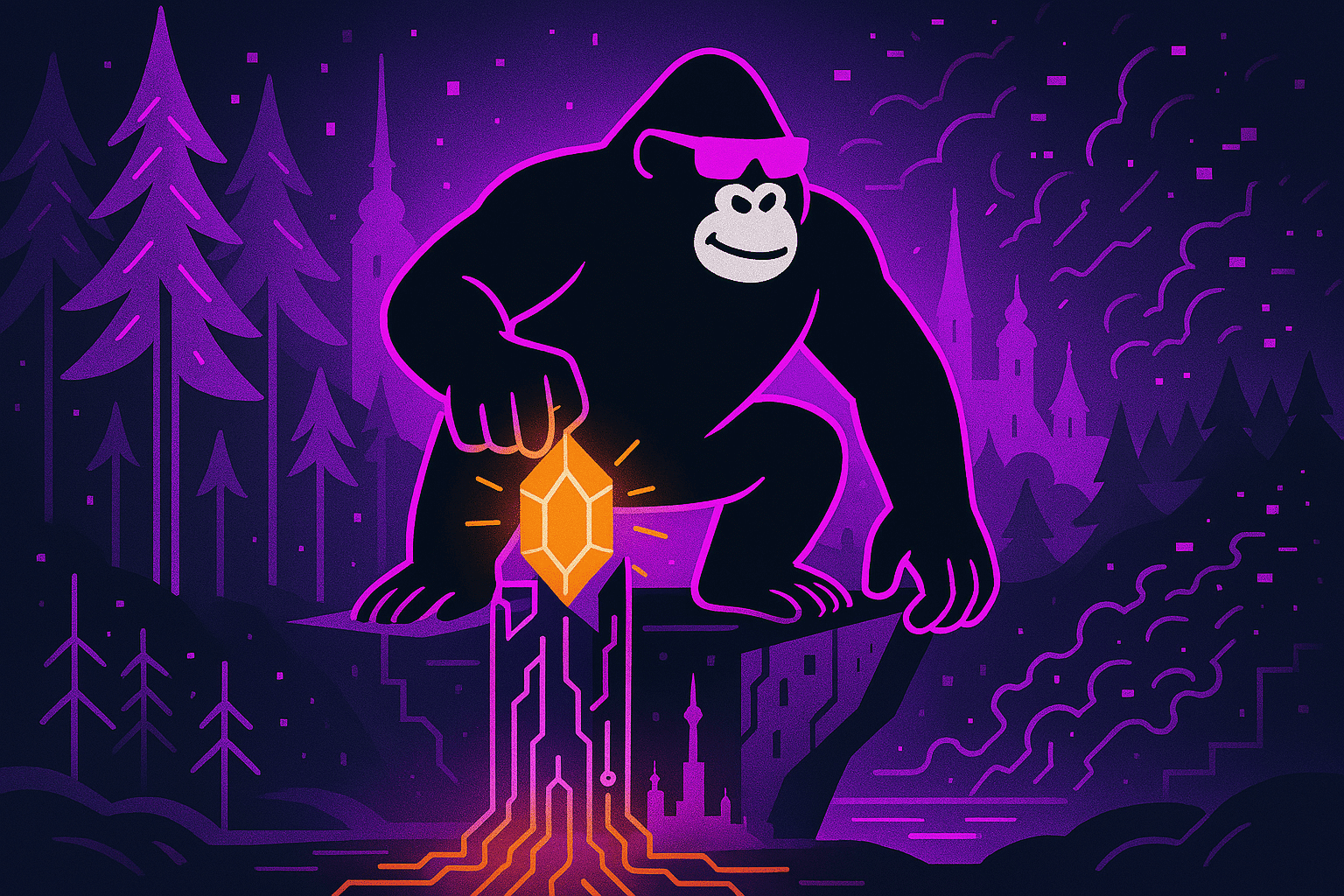A mighty gorilla plants a glowing gem into Estonia’s digital roots, powering resilience through DORA amid forests and spires under a pulsing sky.
