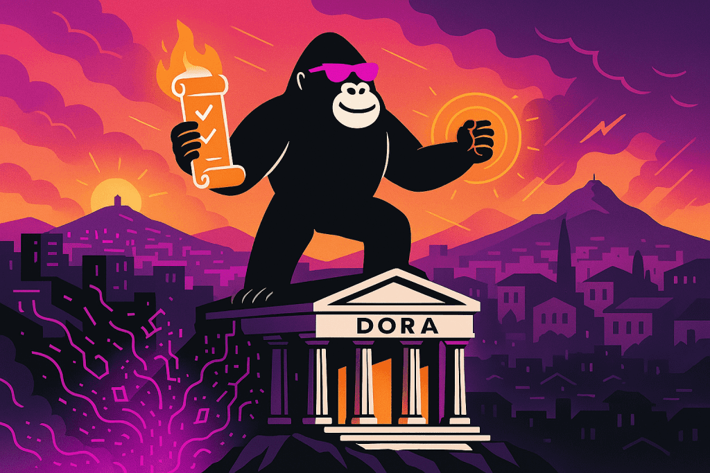 Gorilla in sunglasses stands on a Greek temple labeled "DORA," holding a flaming checklist with a cityscape and sunset in the background.