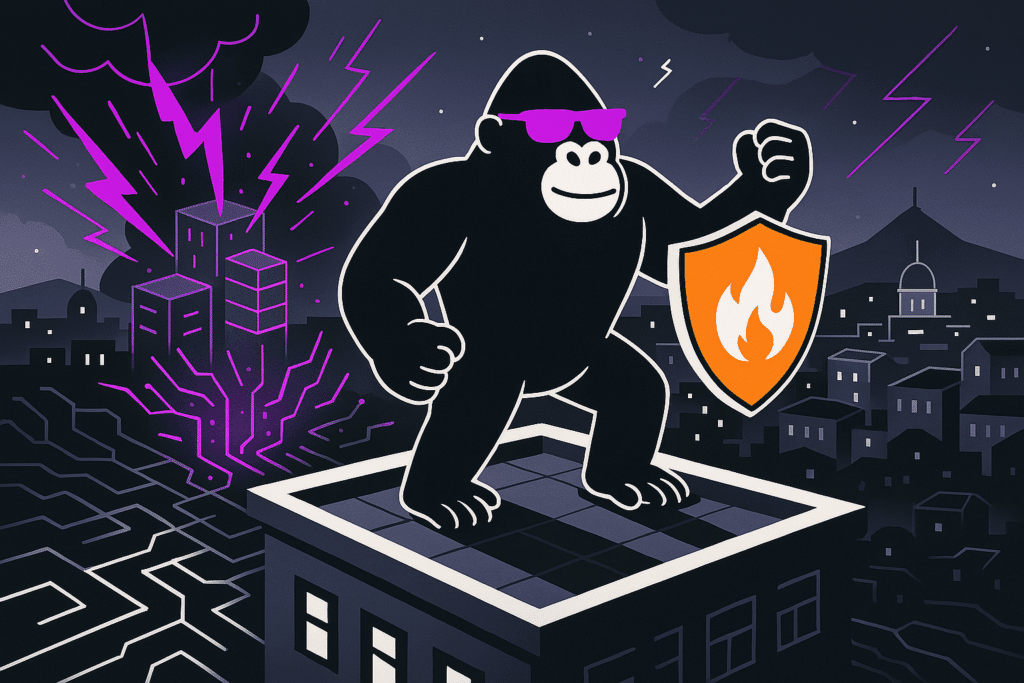 Gorilla in sunglasses stands defiantly on a rooftop holding a flame-emblazoned shield as purple lightning strikes a city in the background.