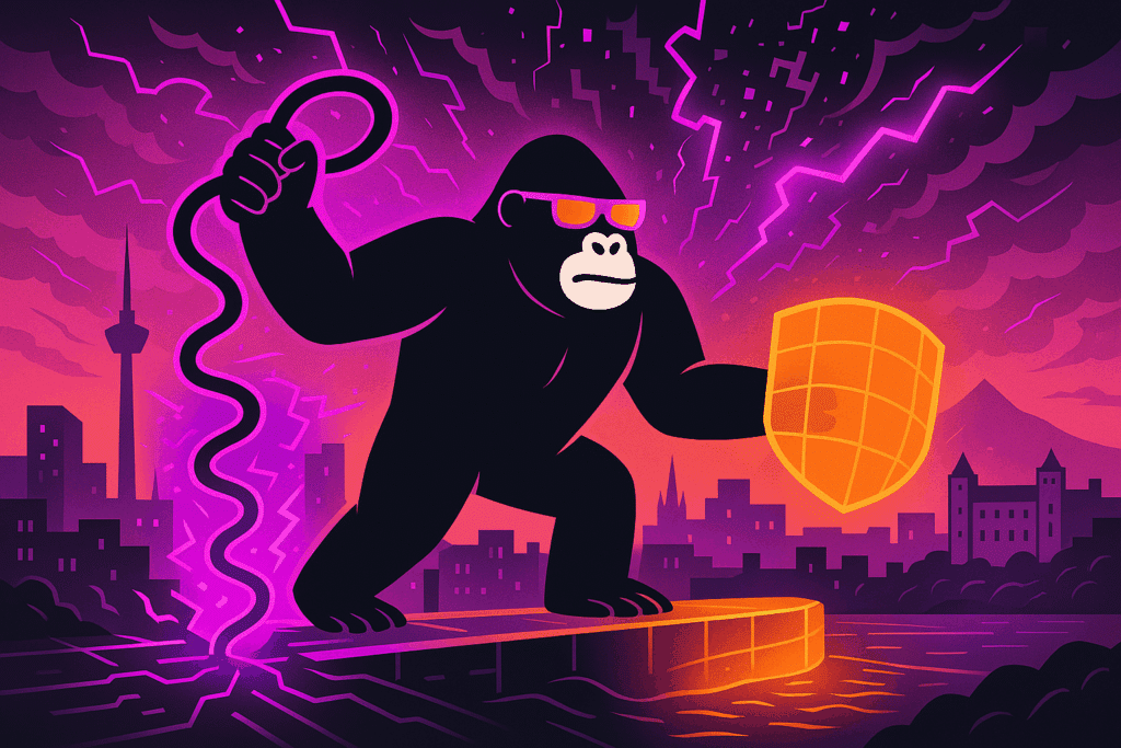 A defiant gorilla surfs a glowing platform, shield raised, lightning tether in hand—defending Ireland’s digital realm against the storm of cyber threats.