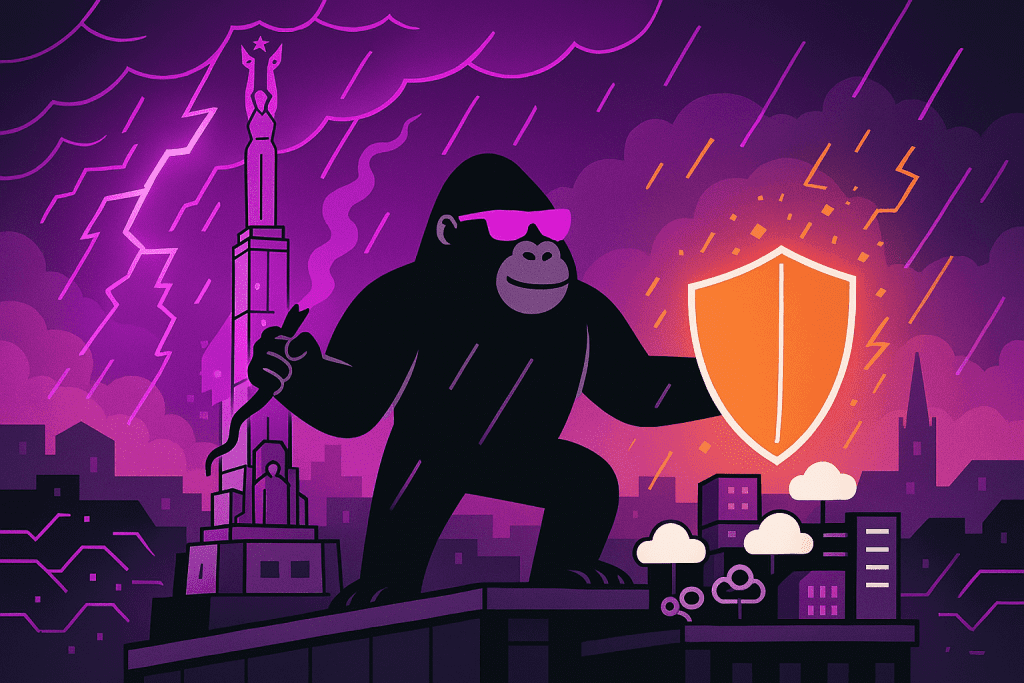 A towering gorilla defends Latvia’s skyline with a glowing shield, warding off cyber storms as digital clouds swirl—symbolizing DORA-powered protection.