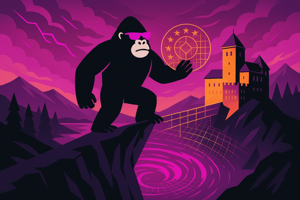 A vigilant gorilla blocks digital threats from reaching a castle, symbolizing DORA enforcement in Liechtenstein’s financial and cyber landscape.