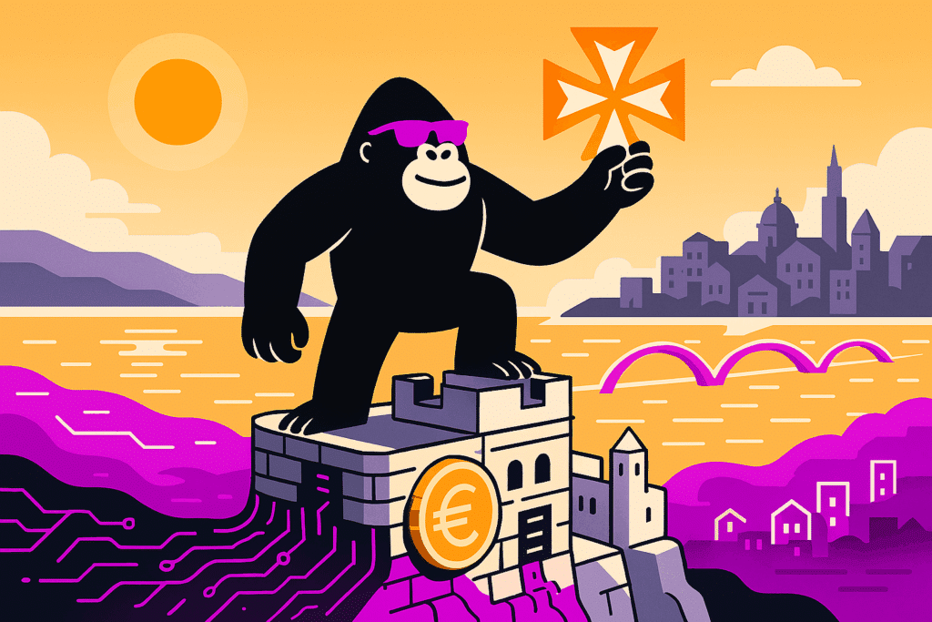 A gorilla in sunglasses stands on a Maltese fortress holding a Maltese cross, symbolizing DORA cybersecurity guarding EU financial infrastructure.