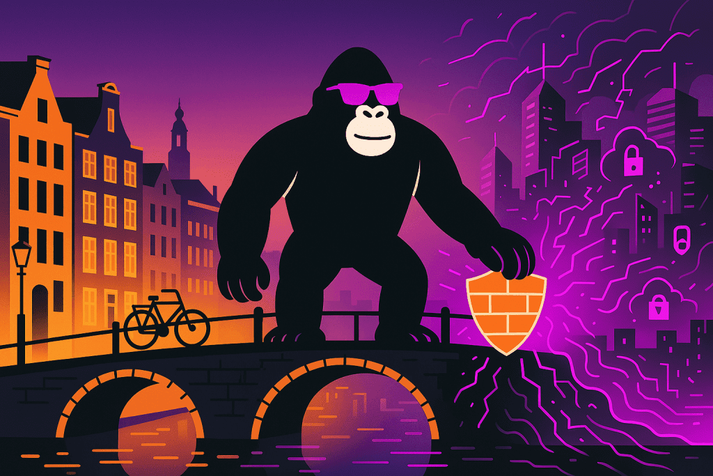 A vigilant gorilla stands guard on a Dutch canal bridge, holding a shield against swirling cyber threats—representing DORA resilience in the Netherlands.