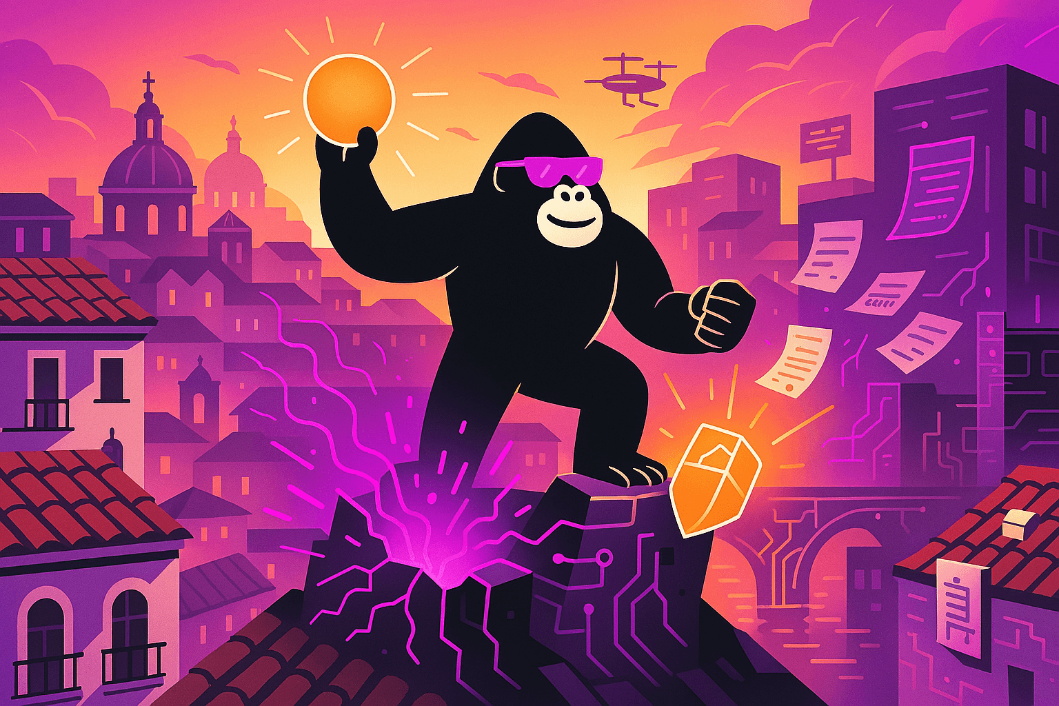 Gorilla with sunglasses stands on a roof holding a glowing orb and shield, surrounded by digital energy and flying documents in a sunset cityscape.