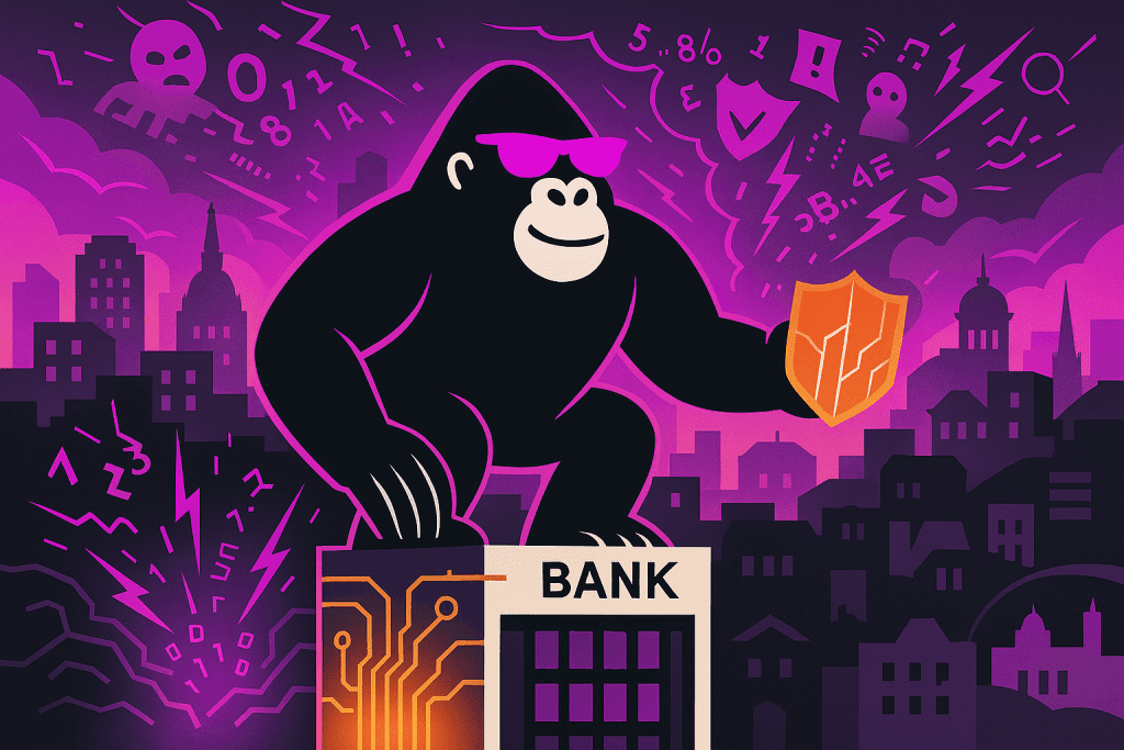 A confident gorilla shields a Romanian bank from swirling cyber threats, symbolizing strength and compliance under DORA’s digital operational resilience.