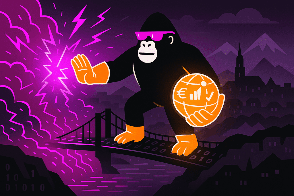 A vigilant gorilla halts a cyberstorm mid-strike, shielding Slovenia’s financial data highway with DORA-fueled resolve and digital strength.