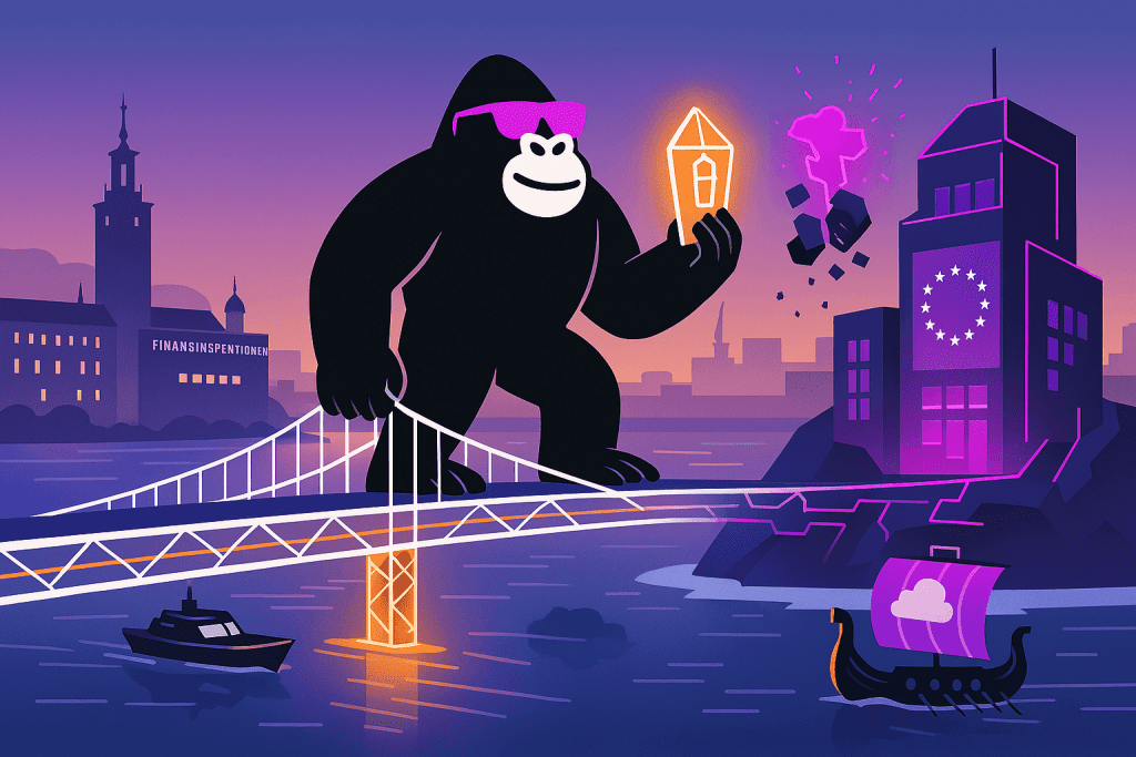 A smiling gorilla stands on a glowing bridge in Stockholm, holding a crystal symbol of security, linking Finansinspektionen and the EU under DORA regulations.