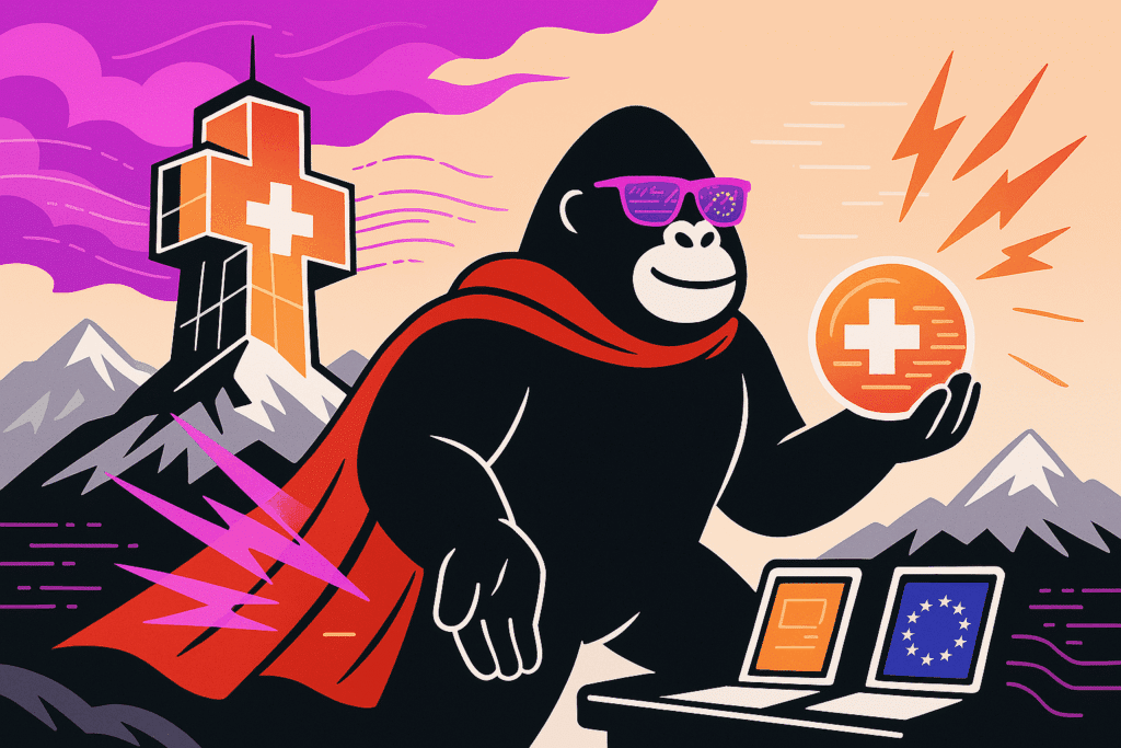 A heroic gorilla in a red cape holds a glowing Swiss cross medallion, symbolizing cybersecurity strength under DORA regulations in Switzerland.