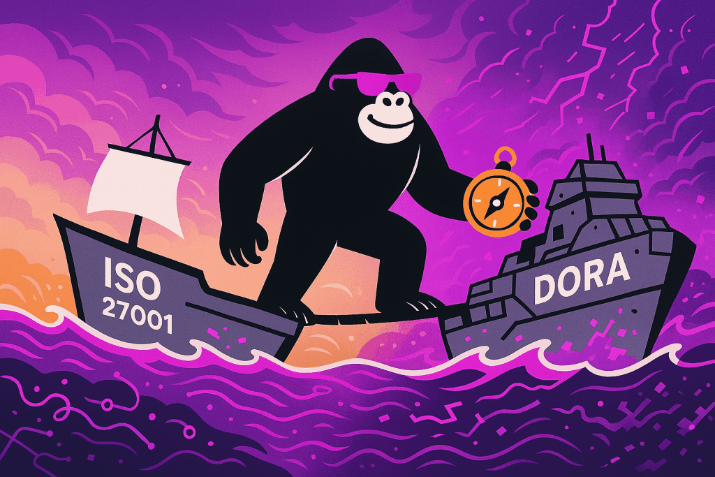 A black cartoon gorilla wearing purple sunglasses balances with one foot on a sinking ship labeled “ISO 27001” and the other on a sturdy vessel labeled “DORA,” holding an orange compass as purple waves and storm clouds swirl around.