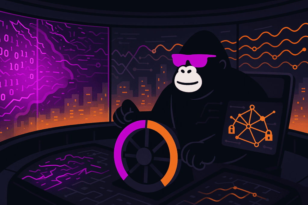 Gorilla pilots a high-tech control room with data charts and a network map, steering through a digital storm with binary code and city lights outside.