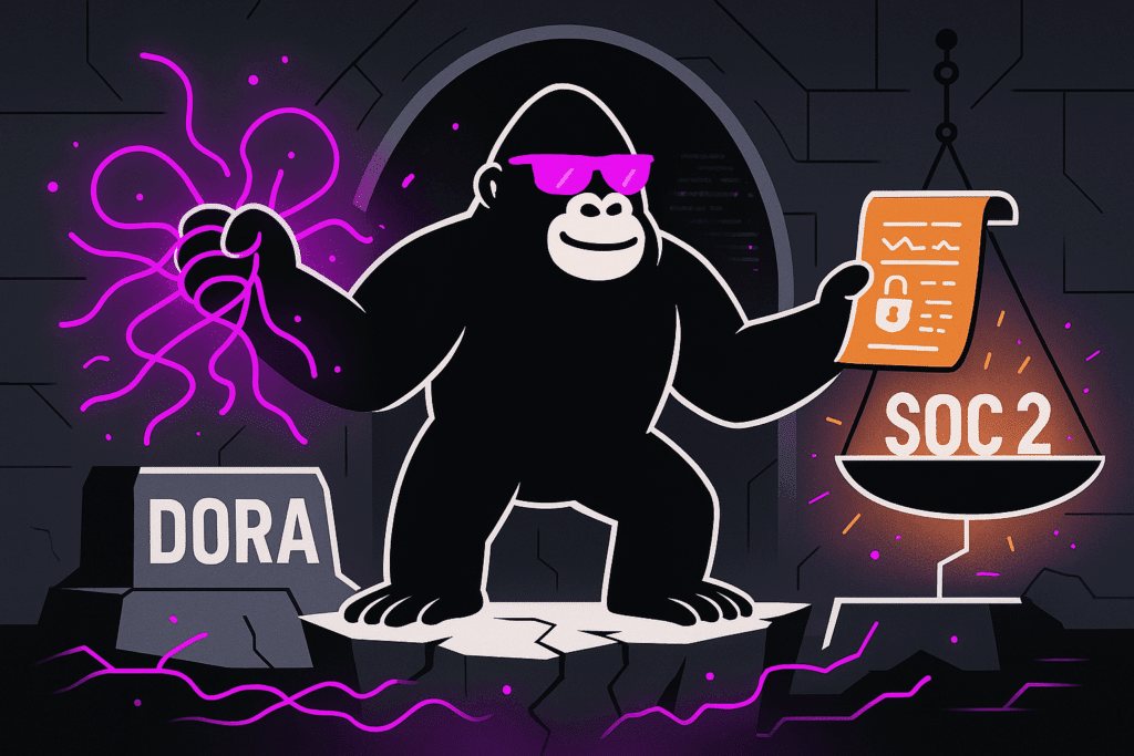 Gorilla holds glowing threads and a SOC 2 document, standing between a DORA stone and balance scale, symbolizing weighing cybersecurity frameworks.