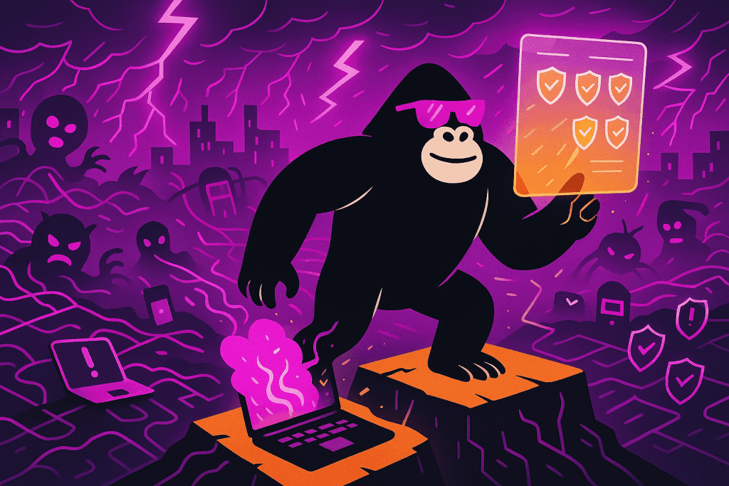 Gorilla defends against endpoint chaos, holding a glowing security panel as malware storms rage, corrupted laptops burn, and shield icons reinforce safety.
