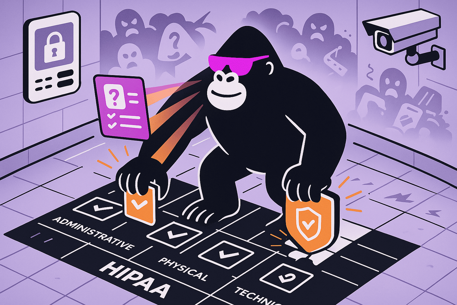 Gorilla secures HIPAA compliance by locking in administrative, physical, and technical safeguards under surveillance, with orange checks and shields.