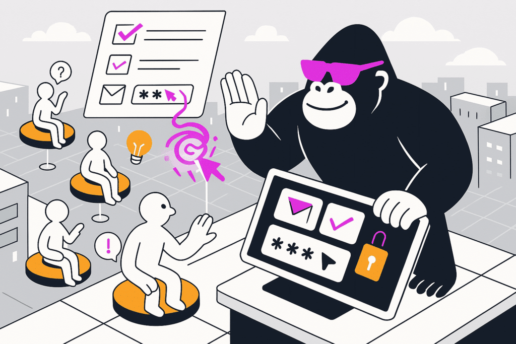 A cybersecurity gorilla oversees password hygiene and awareness checks—promoting user safety with a secure and engaging questionnaire.