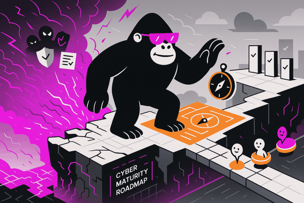 A bold black gorilla wearing purple sunglasses stands on the edge of a cracked floating platform labeled “CYBER MATURITY ROADMAP.” It steps onto a glowing orange panel marked with a compass, peering ahead at a series of ascending bar-chart pillars topped with checkmarks. To the left, a swirling purple storm of threat icons churns beneath, while to the right three small, smiling avatars on orange rings await across the gap.