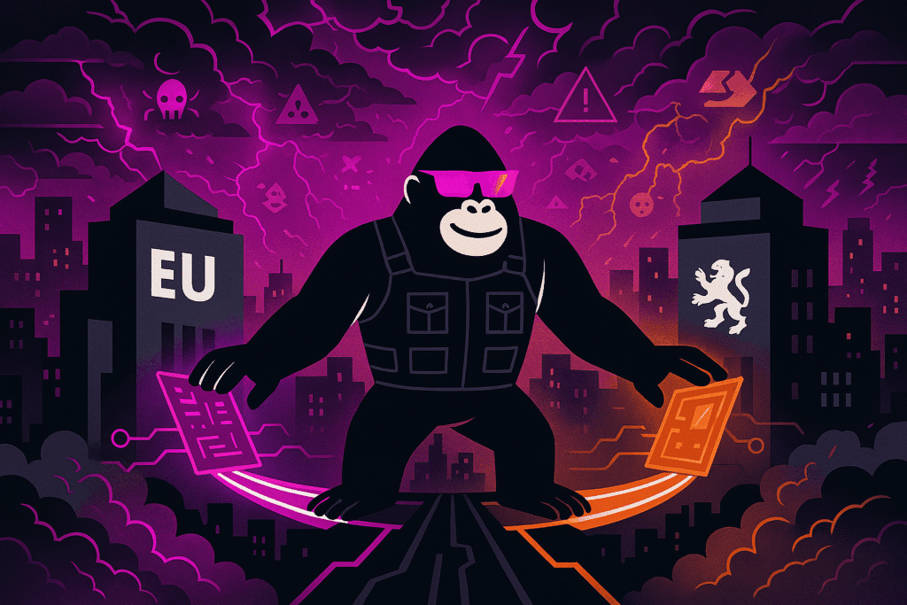 Gorilla in tactical gear bridges EU and UK buildings during a digital storm, holding two circuit-like tablets with threat icons swirling in the sky.
