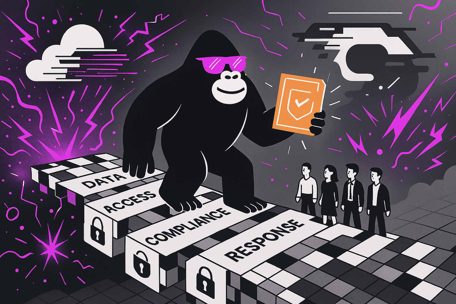 Stylized illustration of a giant black gorilla wearing purple sunglasses, holding a compliance certificate with a checkmark shield. The gorilla confidently steps across floating blocks labeled "DATA," "ACCESS," "COMPLIANCE," and "RESPONSE"—each secured with padlock icons—forming a path across a stormy, chaotic digital landscape filled with lightning and glitch-like patterns. On the right, a group of four businesspeople watch in awe, standing on solid ground, as the gorilla leads the way through data security and compliance. The overall aesthetic is futuristic, with a dark purple and black color scheme.