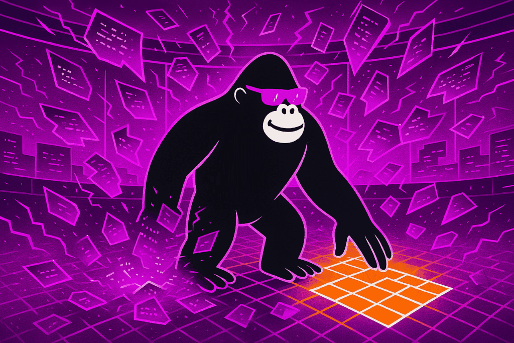Gorilla kneels on a glowing orange grid as digital documents swirl around, representing control and analysis during a cybersecurity risk assessment.