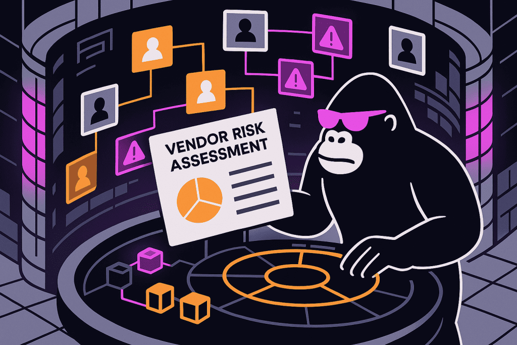 A focused gorilla analyzes a "Vendor Risk Assessment" dashboard, surrounded by networked profiles and warning icons, orchestrating third-party oversight.