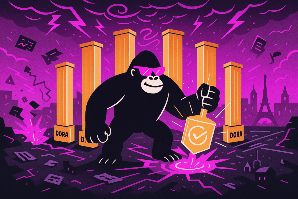 A mighty gorilla enforces EU’s DORA pillars, stamping stability into chaos—symbolizing digital resilience through regulatory compliance.