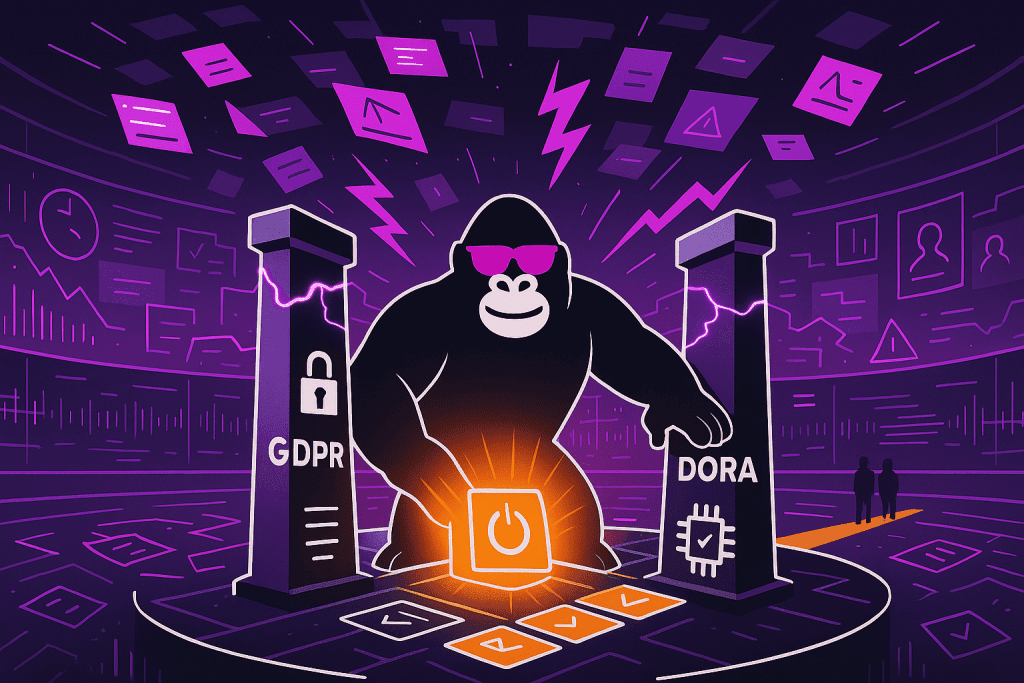 A gorilla stands between GDPR and DORA pillars, activating a central compliance control as data, alerts, and files swirl in a purple-lit digital arena.